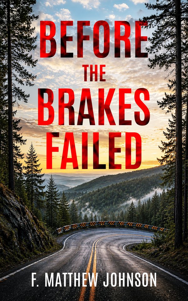 Book cover of Before the Brakes Failed by F. Matthew Johnson — a winding mountain road at sunset
